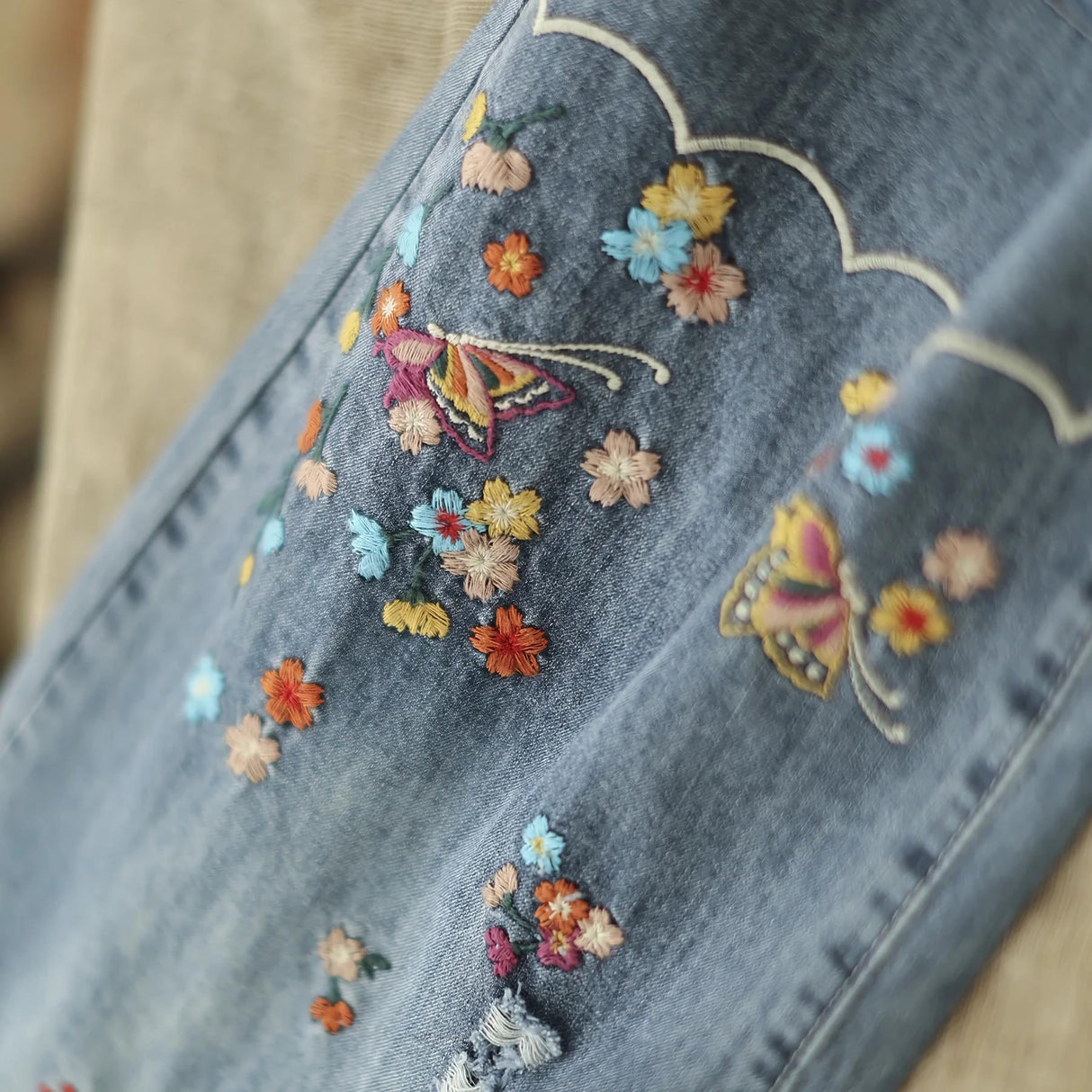 Boho Style Embroidered Wide Leg Denim Pants