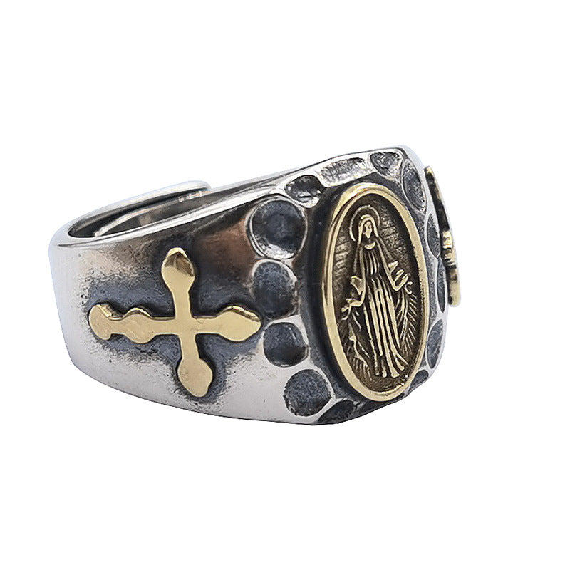 Golden Deer King S925 Silver Vintage Craft Golden Cross Maria Open Ring Wholesale Men And Women Hammered Ring - Dazpy