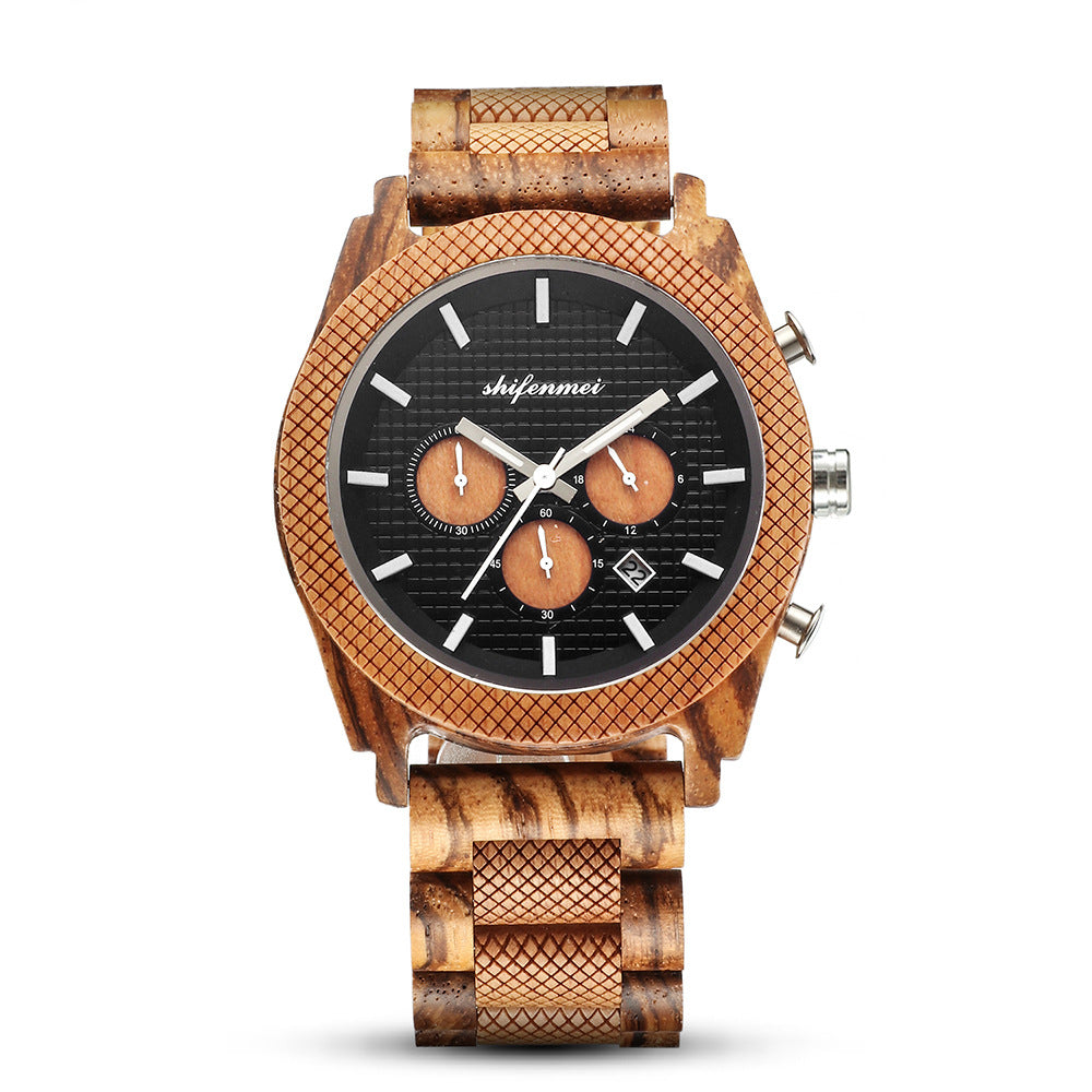 Mens Six Hand Chronograph Calendar Sports Wood Casual Watch - Dazpy