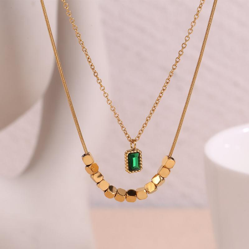 18K Gold Plated Green Rhinestone Pendant Double-Layer Necklace