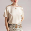 Camiseta de verano de mujer elegante con cuello redondo de seda
