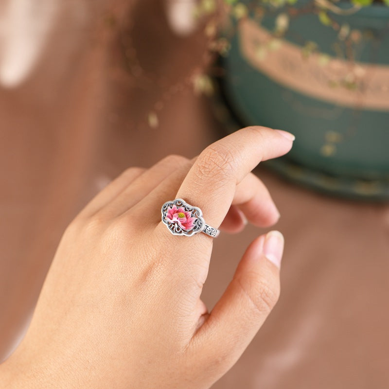 Retro Retro Hollow-out Ruyi Cloisonne Lotus Open Ring - Dazpy