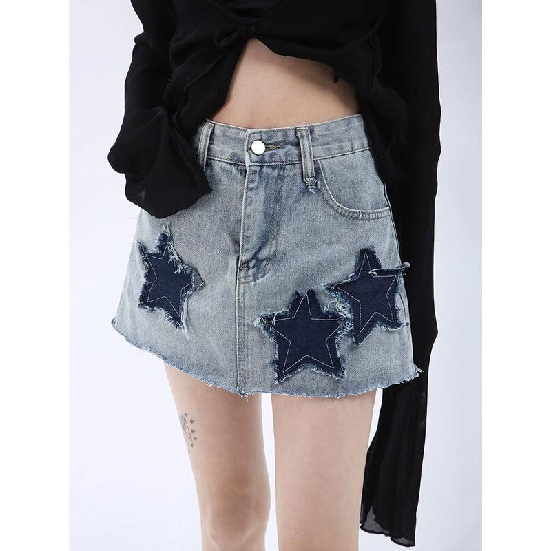 High Waist Jeans-Minirock mit Stern-Patches