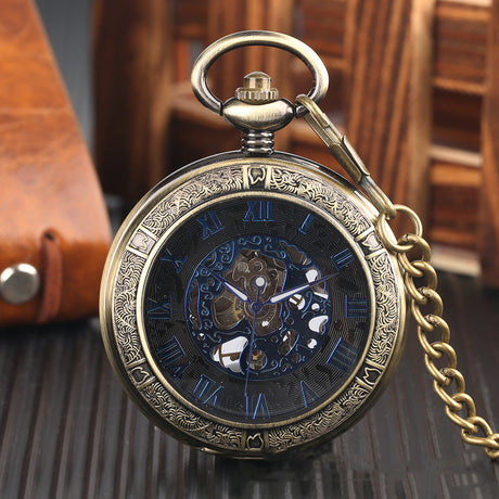 Classic Vintage Flip Magnifier Hollow Blue Shading Roman Digital Manual Mechanical Pocket Watch - Dazpy