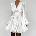White V-Neck Puff-Sleeve Satin Dress