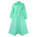 Puff-Sleeve Bow-Tie High-Waist Swing Midi Dress