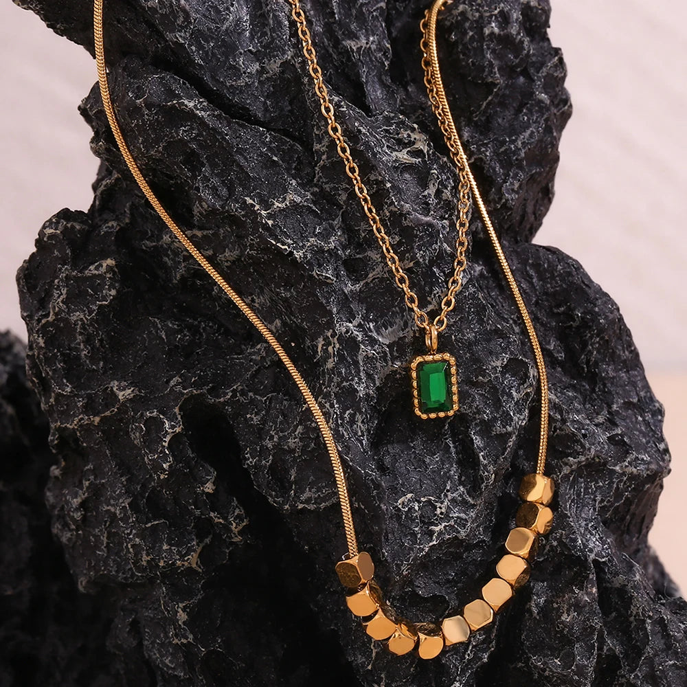 18K Gold Plated Green Rhinestone Pendant Double-Layer Necklace