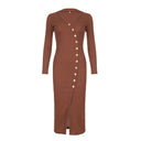 Asymmetric-Neck Knit Button-Slit Dress