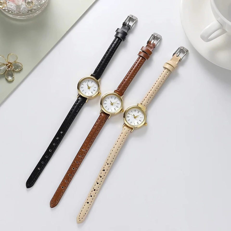 Elegante reloj de pulsera de cuarzo y cuero para mujer: diseño minimalista clásico