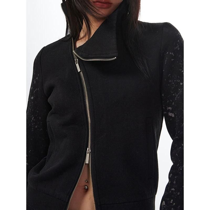 Chaqueta de felpa con cuello alto y doble cremallera para mujer