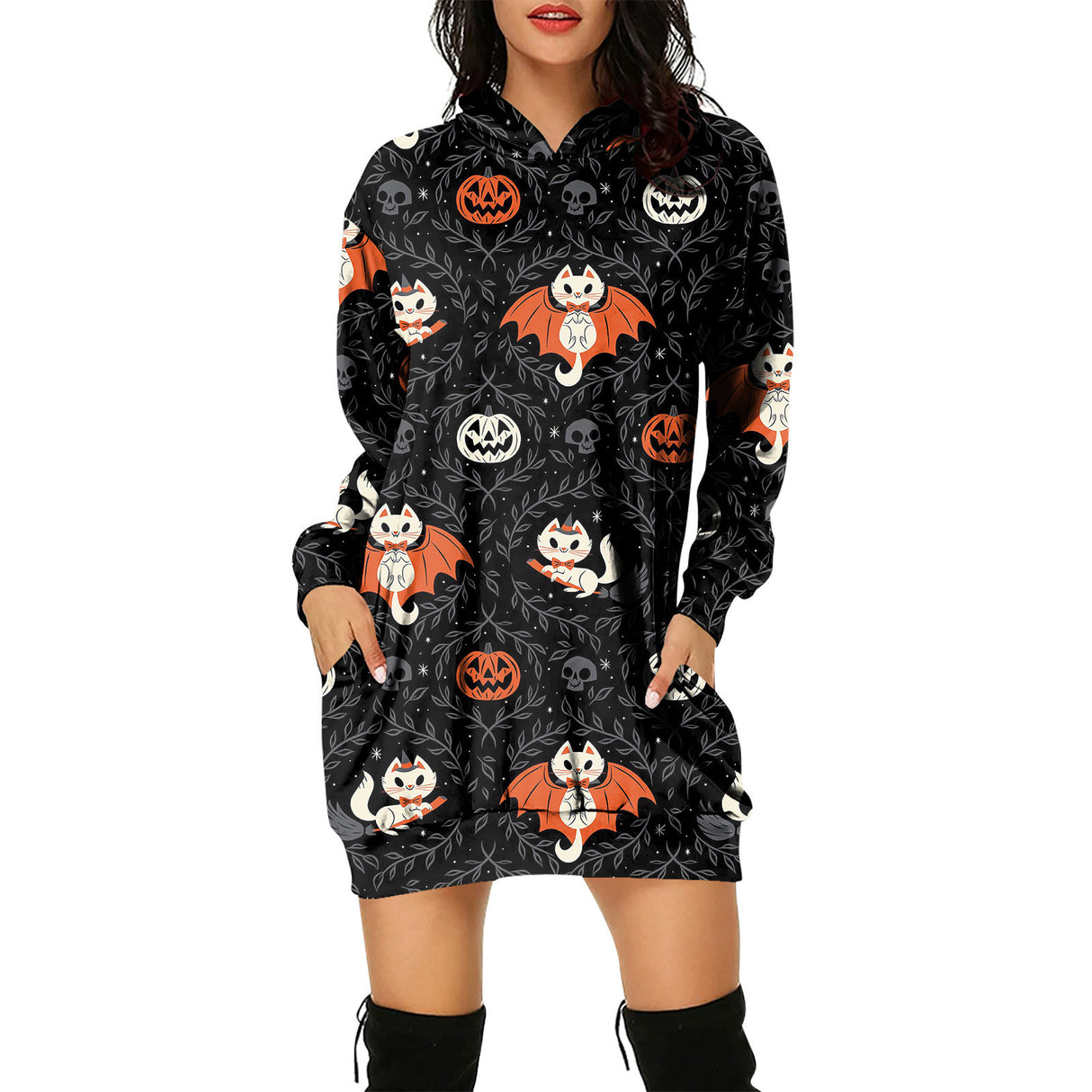 Pulloverkleid mit Kapuze für Damen mit Halloween-Motiv