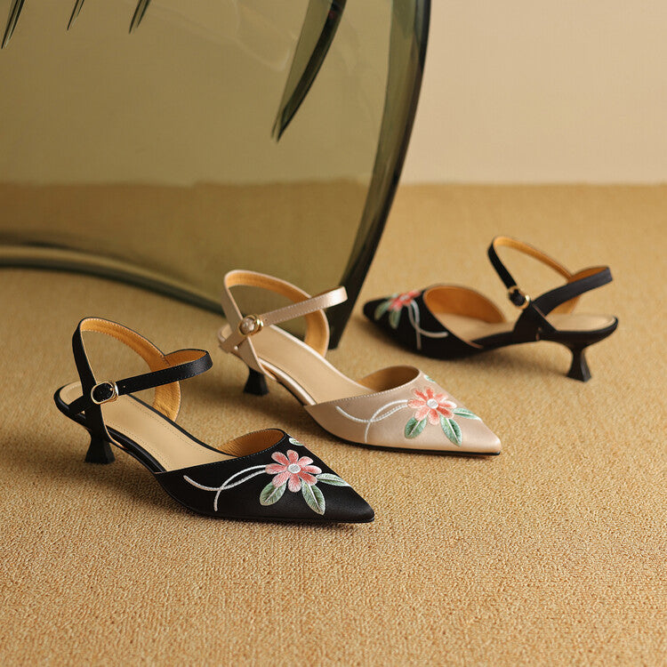 Embroidered Fashion Sandals with Pointed Toe and Spike Heels