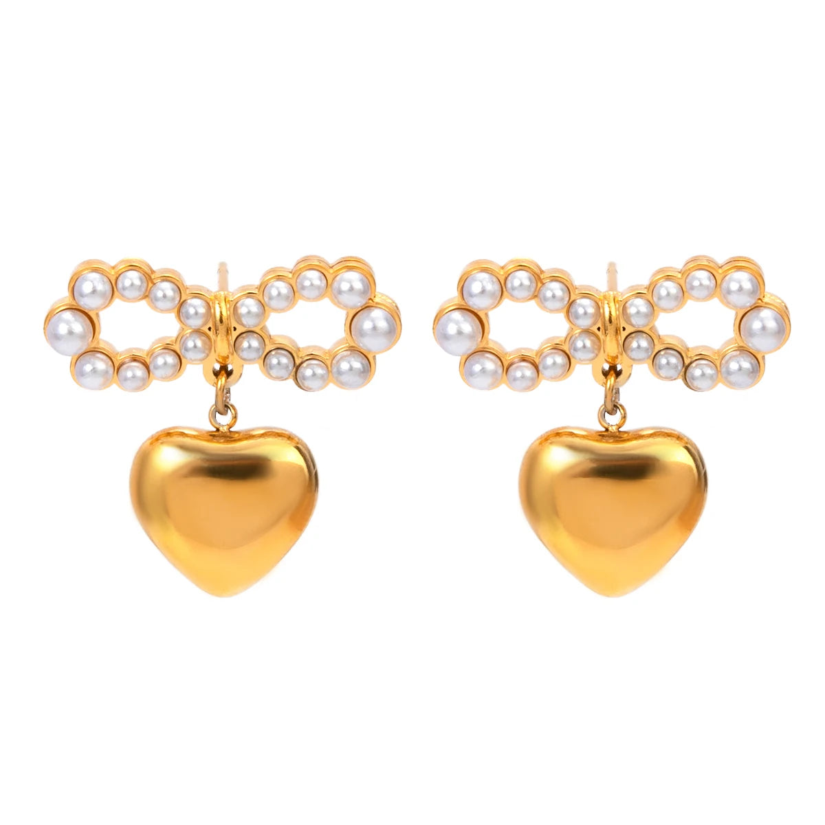 Elegantes pendientes colgantes con forma de corazón y lazo de perla bañados en oro de 18 quilates