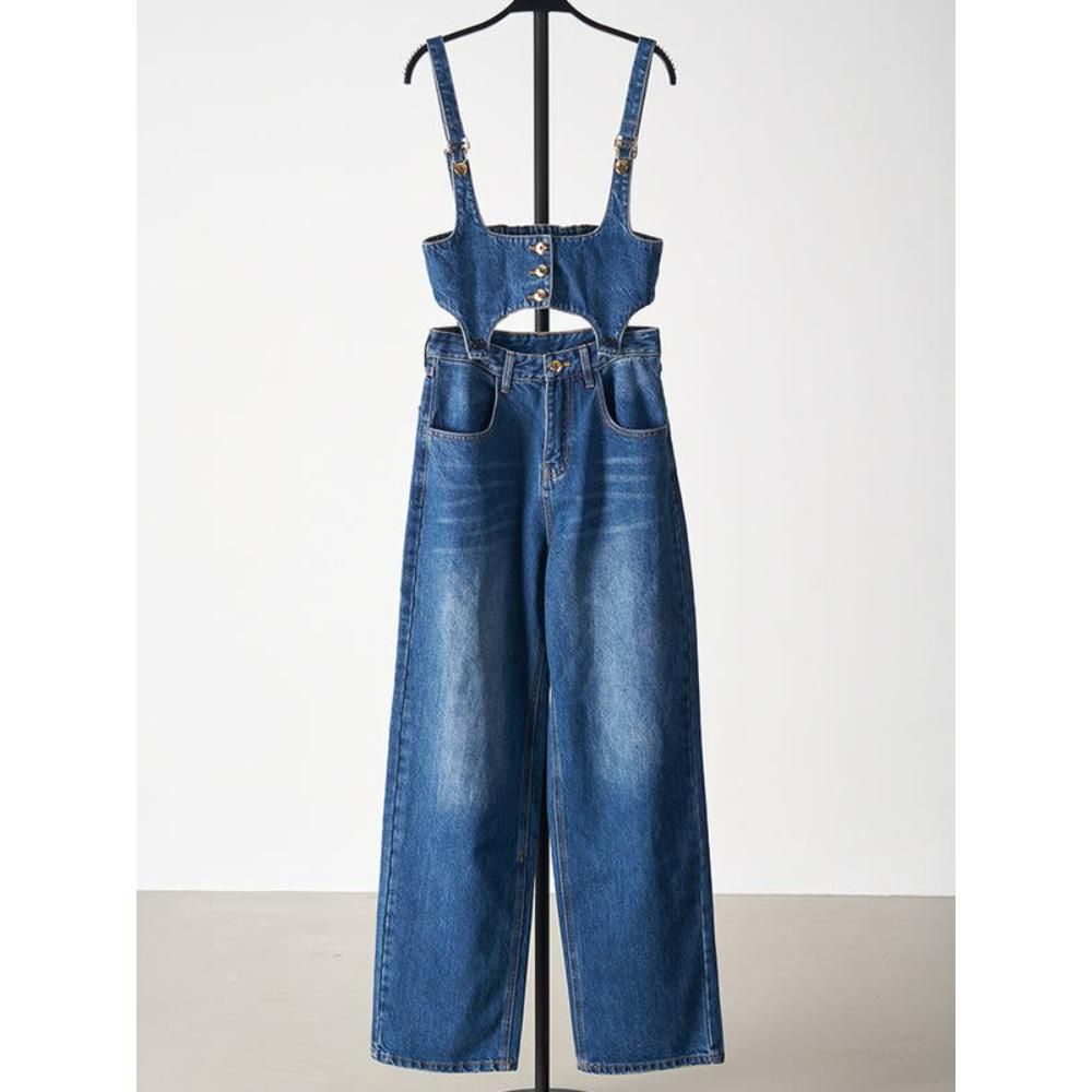 Schickes zweiteiliges Denim-Set: Ärmelloses Top und Hose mit weitem Bein