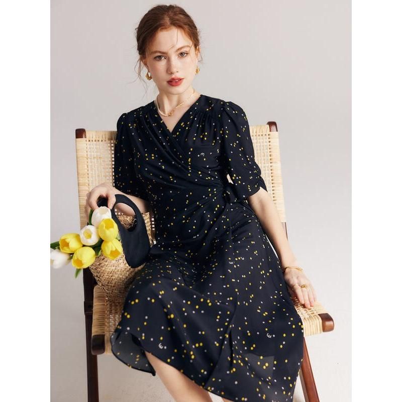 Black Polka Dot Silk Wrap Dress