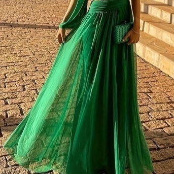 Vestido largo elegante ajustado con un hombro descubierto y un solo color para primavera y verano