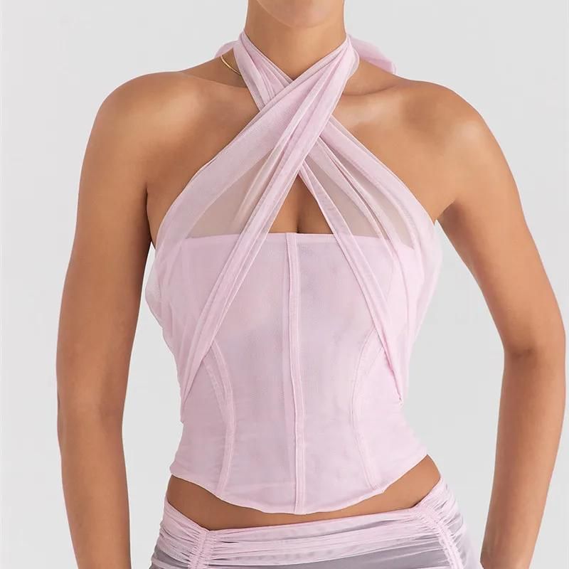 Frühling/Sommer Neckholder-Tanktop mit rückenfreiem Spitzenmuster