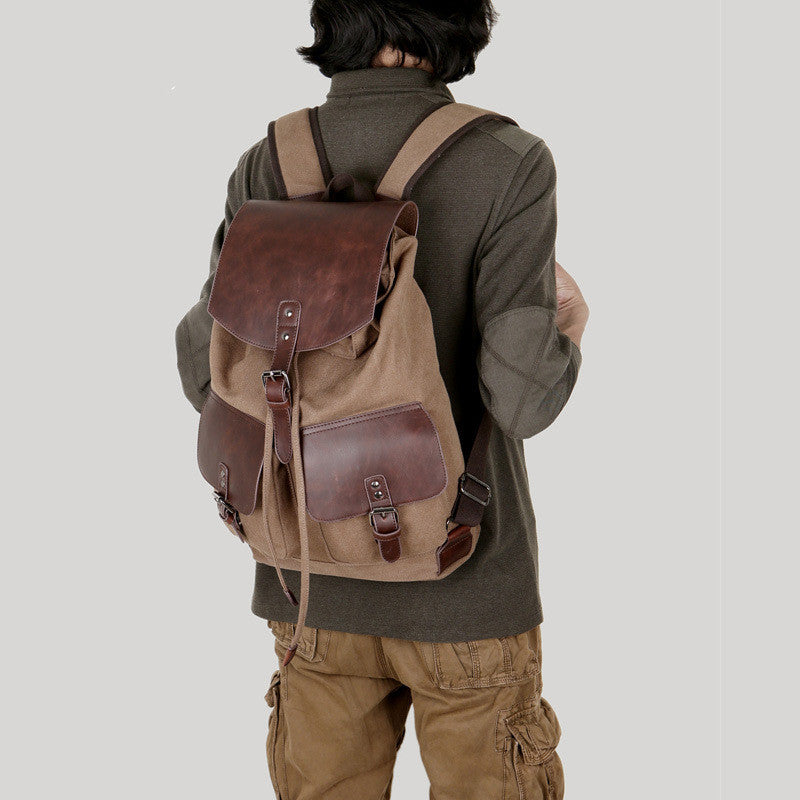 Canvas With Crazy Horse Leather Men's Backpack - Dazpy