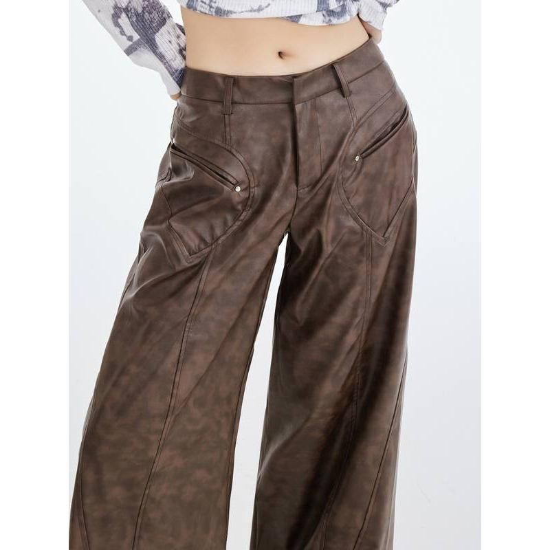 Faux Leather Wide Leg Trousers for Women