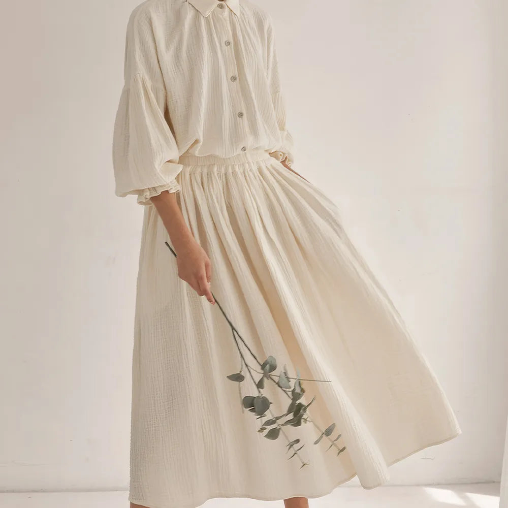 Elegant Lantern Sleeve Shirt + Skirt Two Piece Set