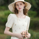 Camiseta abullonada con bordado y cuello cuadrado francés para mujer