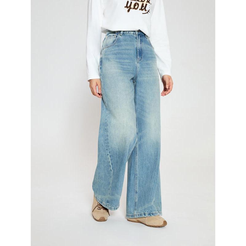 Zweifarbige Jeans mit hoher Taille und weitem Bein für Damen