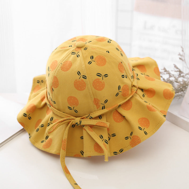 Adorable gorro de pescador de algodón con estampado de frutas para niñas pequeñas con lazo