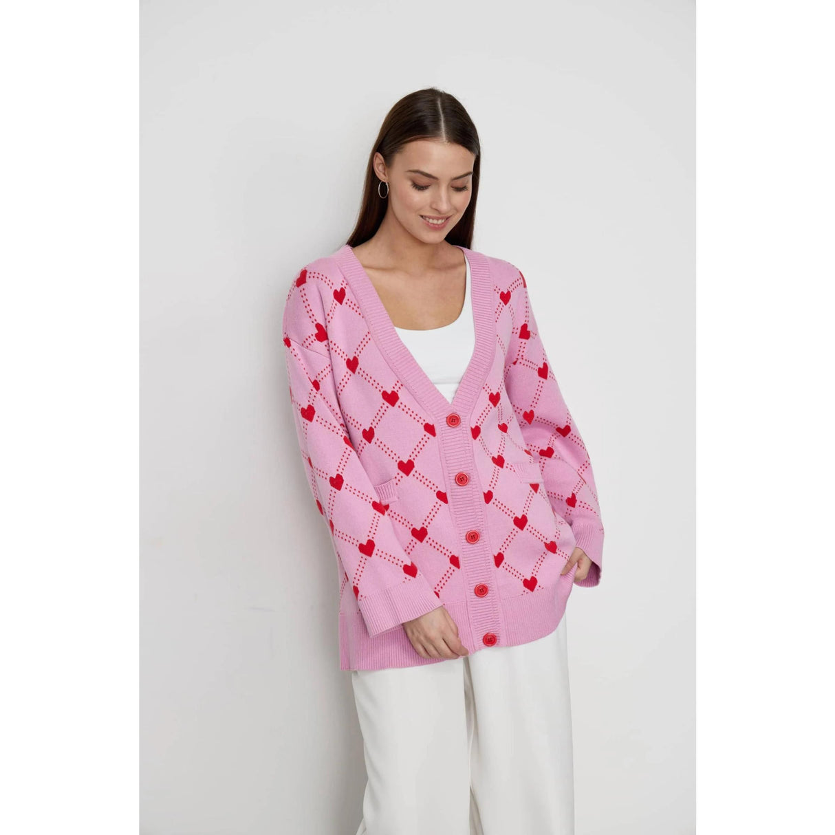 Women's Oversized V-Neck Knitted Cardigan with Heart Print