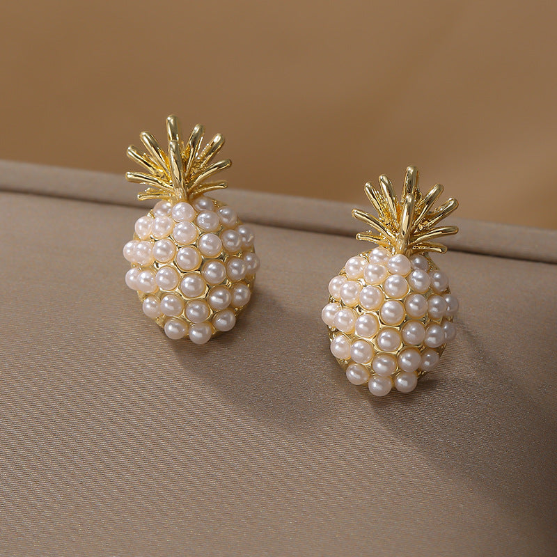 Pendientes elegantes con forma de piña y perlas para mujer