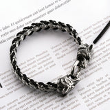 European And American Punk Stainless Steel Double Wolf Head Buckle Woven Men's Bracelet - Dazpy