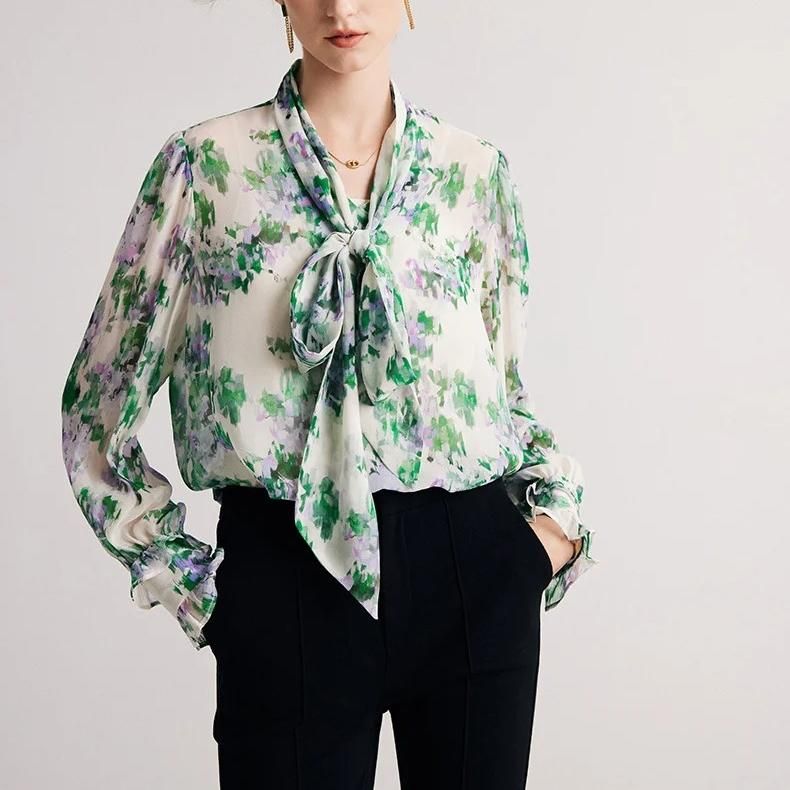 Floral Silk-Blend Bow Collar Blouse for Women