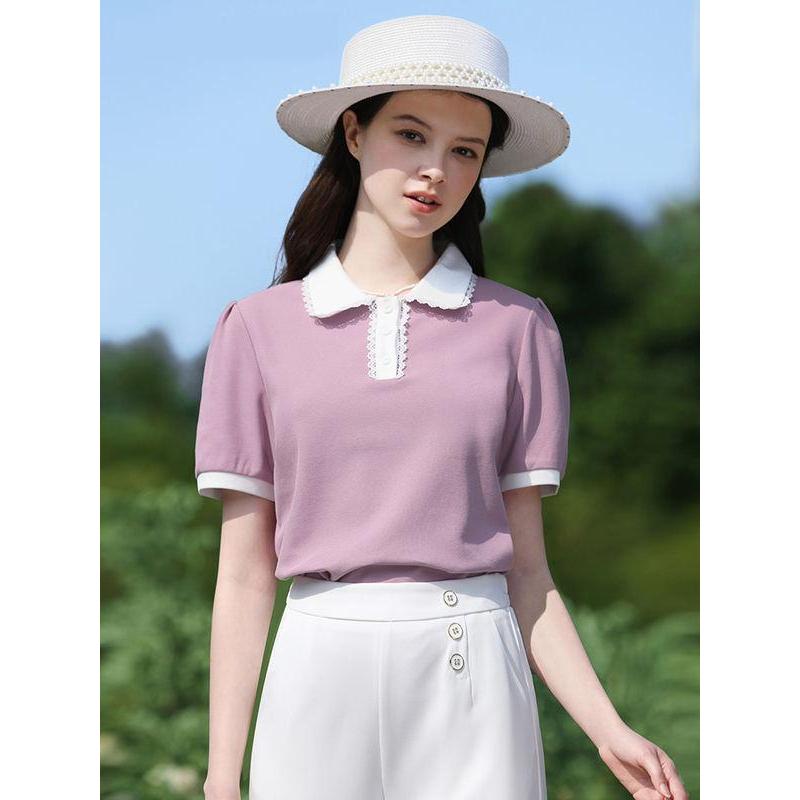 Chic Summer Puff Sleeve Polo Neck T-shirt