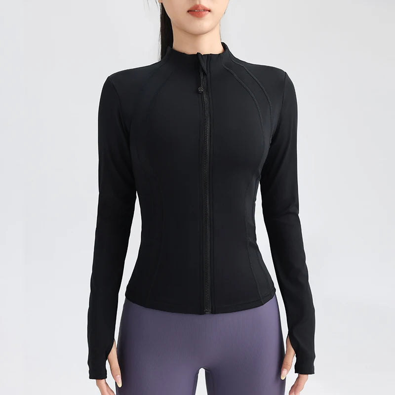 Chaqueta de running con cremallera completa para mujer: ropa deportiva elástica de manga larga