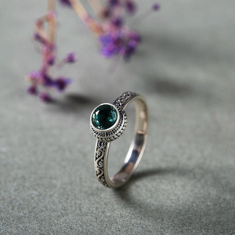 S925 Silver Vintage Ring Round Green Crystal Inlaid - Dazpy