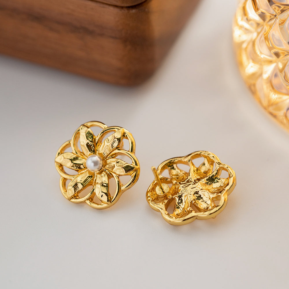 Gold Plated Stainless Steel Hollow Flower Stud Earrings - Waterproof, Vintage Style Jewelry for Women