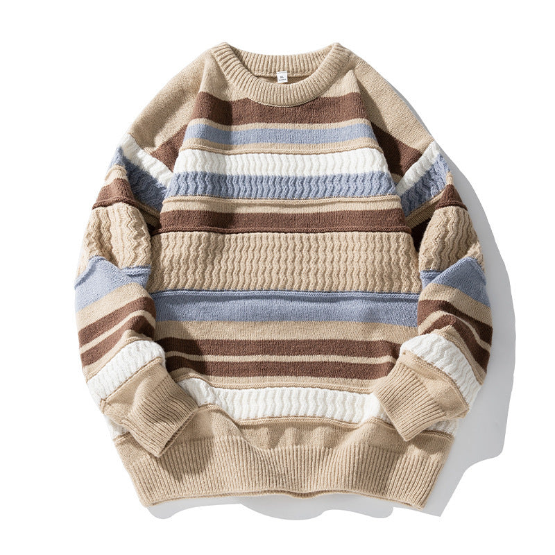 Japanese Round Neck Sweater Men's Striped Color Contrast Patchwork