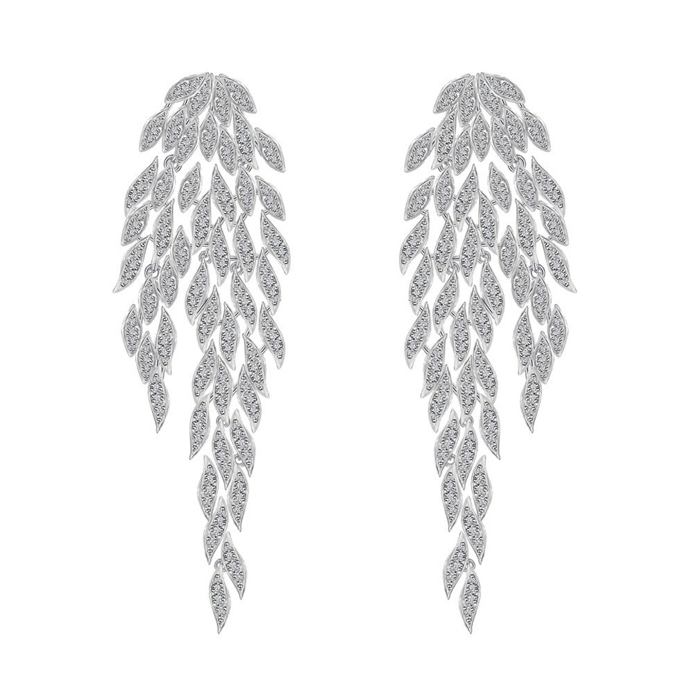 French Elegant Leaf Tassel Full Diamond Earrings - Dazpy