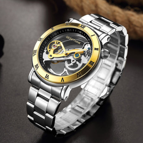 Automatic Mechanical Watch Stainless Steel Band Skeleton 3D Mens - Dazpy