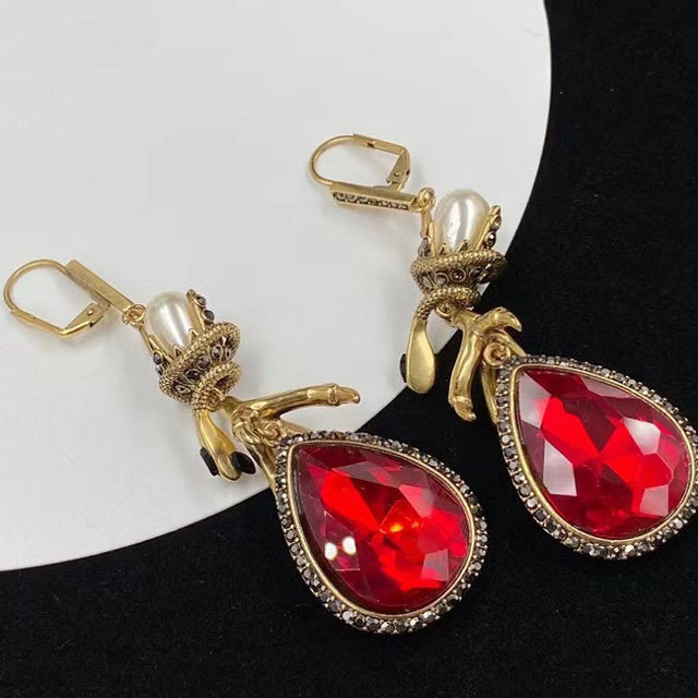 Women's Pearl Rhinestone With Ruby Earrings - Dazpy