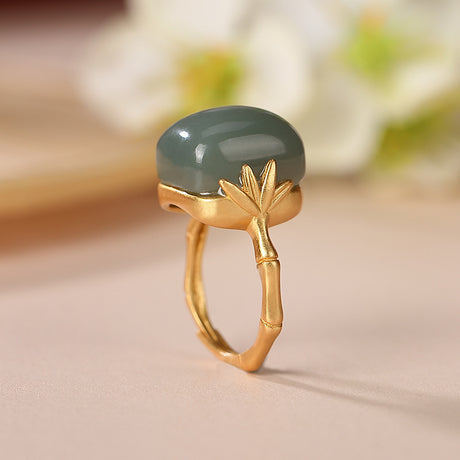 Women's Fashion Sterling Silver Gold Plated Hetian Jade Ring - Dazpy