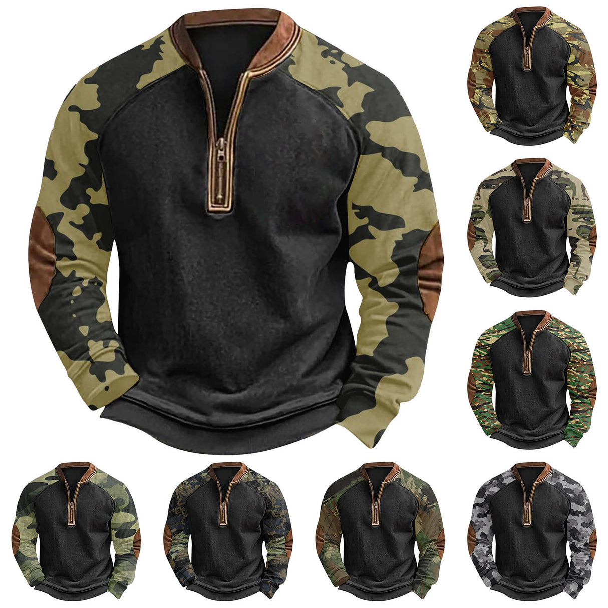 Bedruckter Camouflage-Pullover mit halbem Reißverschluss