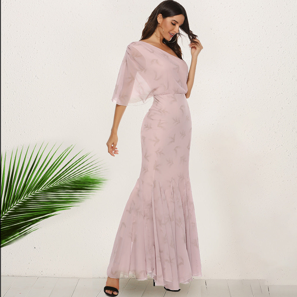 Bohemian Slant Shoulder Fishtail Gown Long Dress For Women