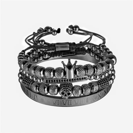 Stainless Steel Roman Letter Copper Inlaid Zircon Crown Skull Bracelet - Dazpy