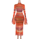 Women's Orange Printed Pleated Long-Sleeve Dress