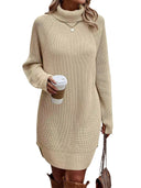 Women's High-Neck Long-Sleeve Slit Knit Dress