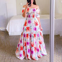 Vestido largo estampado de cintura alta con hombros descubiertos