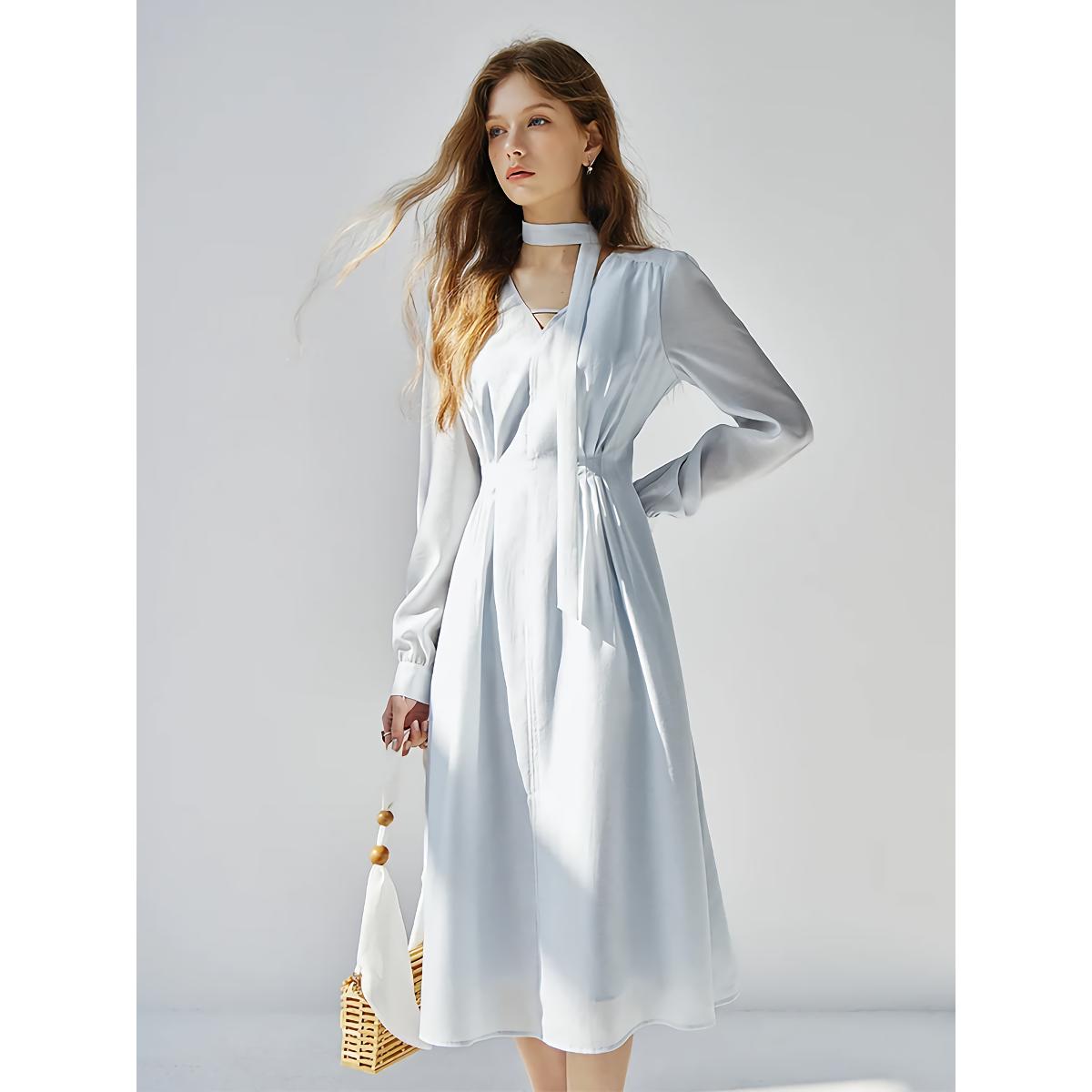 French Style V-Neck Light Blue Ribbon Dress