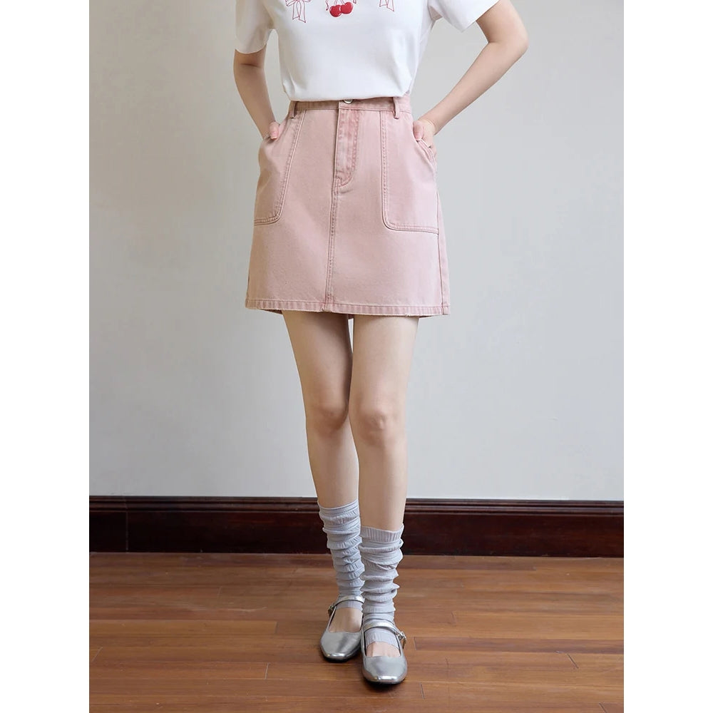 High Waist Pink Denim A-Line Mini Skirt