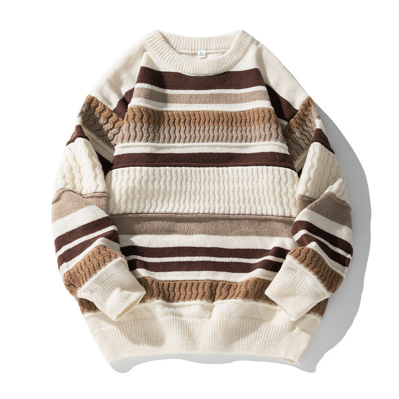 Japanese Round Neck Sweater Men's Striped Color Contrast Patchwork