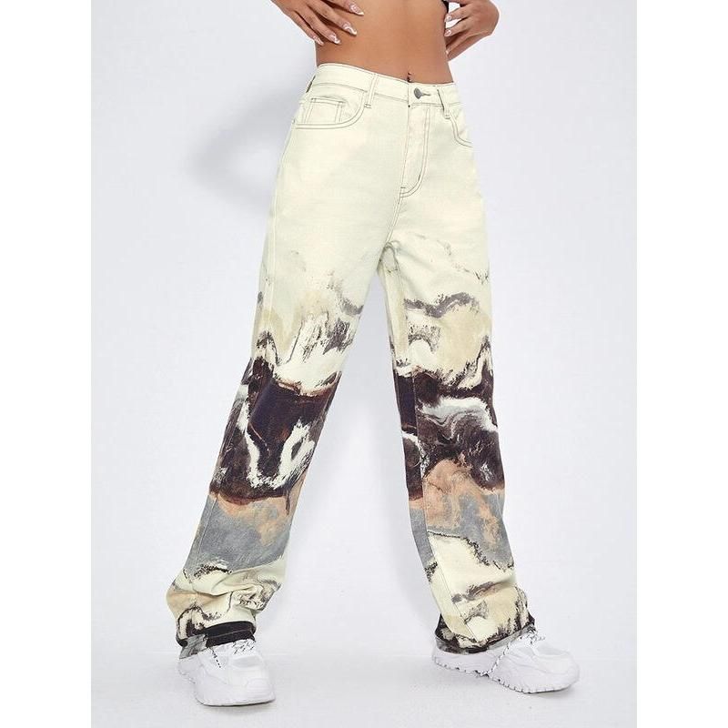 Korean Tie Dye Wide Leg High Waist Jeans